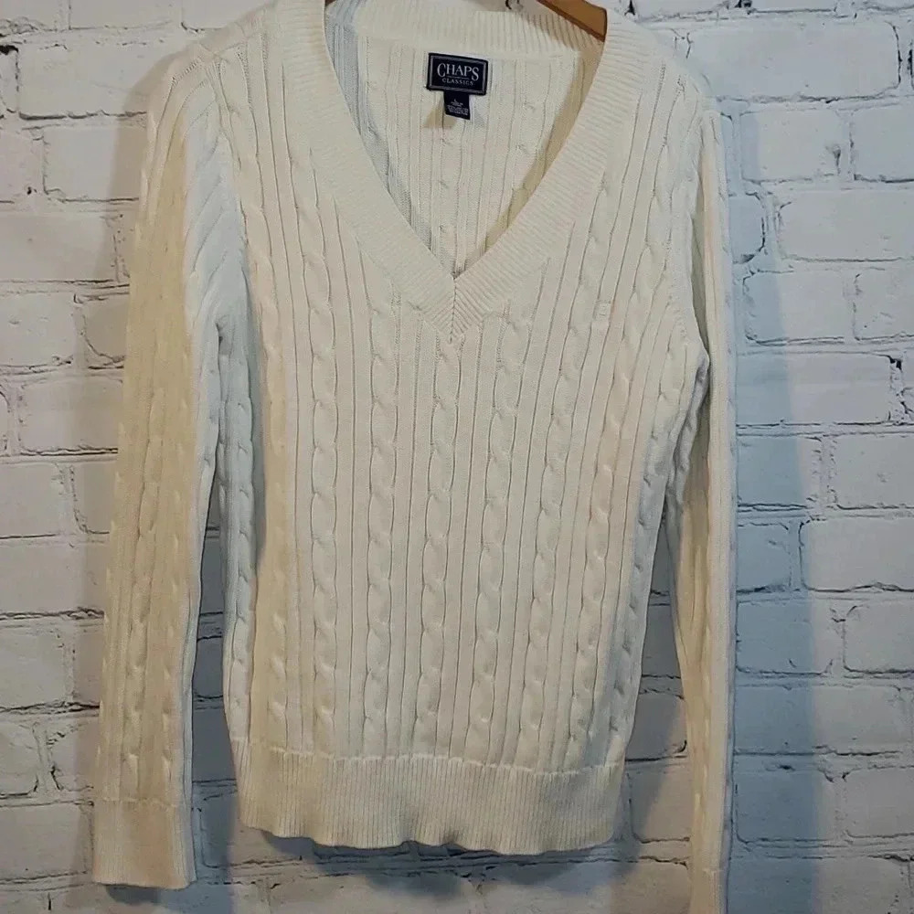 Women's CHAPS CLASSICS VINTAGE Knitted White Sweater Pullover Size L